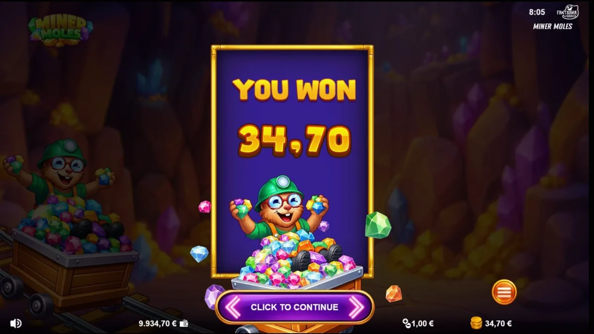 Cena vibrante do slot Miner Moles com toupeiras mineradoras e cristais brilhantes